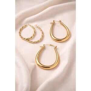Gold Tone Hoop Earrings Bundle Twisted & Teardrop Set Minimalist Jewelry